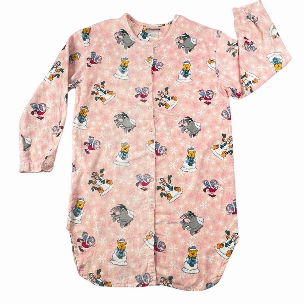 Vintage Disneyland Flannel Nightshirt S M Winnie The Pooh Friends Snowman Pink